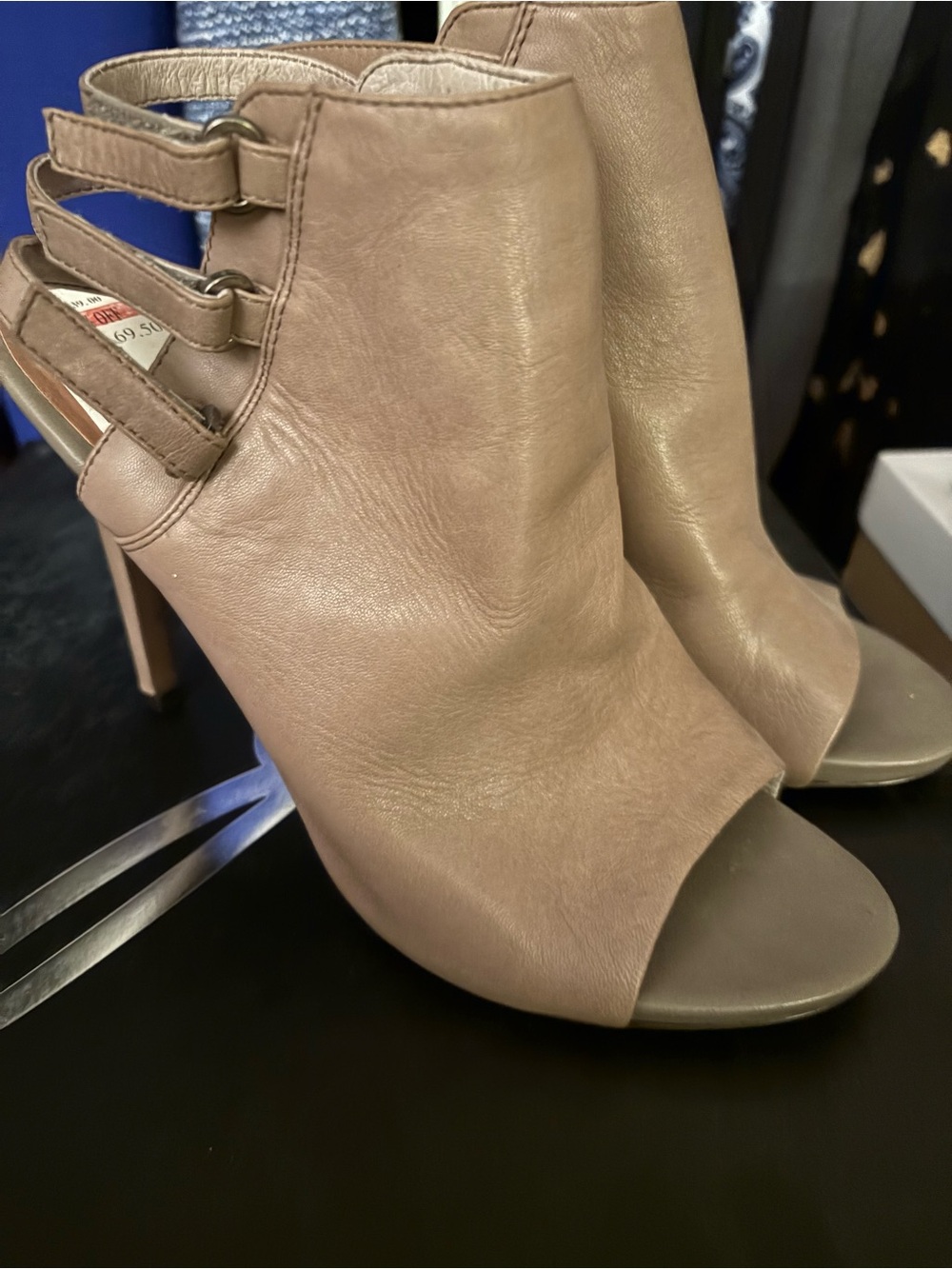 Vince Taupe Open-Toe Stiletto Booties with Back Strap Detail